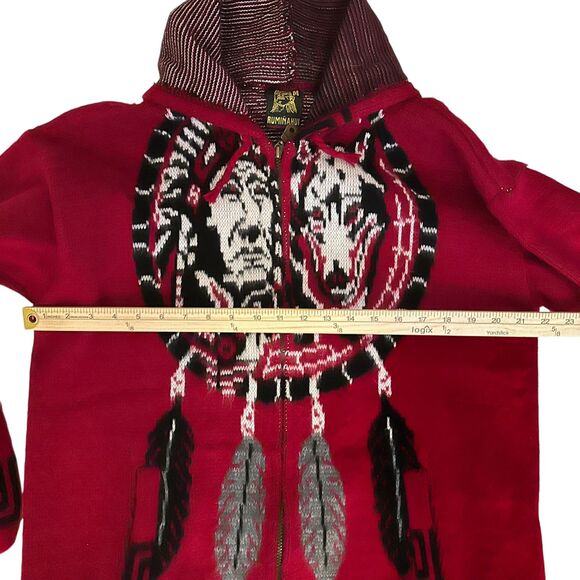 Ruminahui Red, White & Black Wolf & Native American Wool Zip Hooded Sweater M - Picture 4 of 7